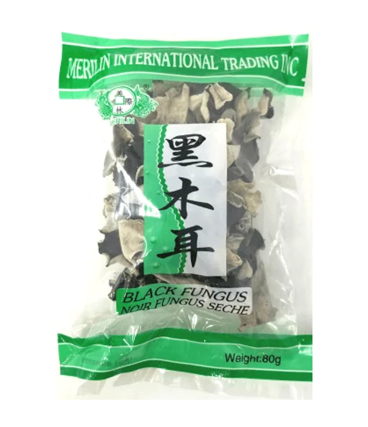 Packaged black fungus (whole) in a plastic bag with branding and product information.