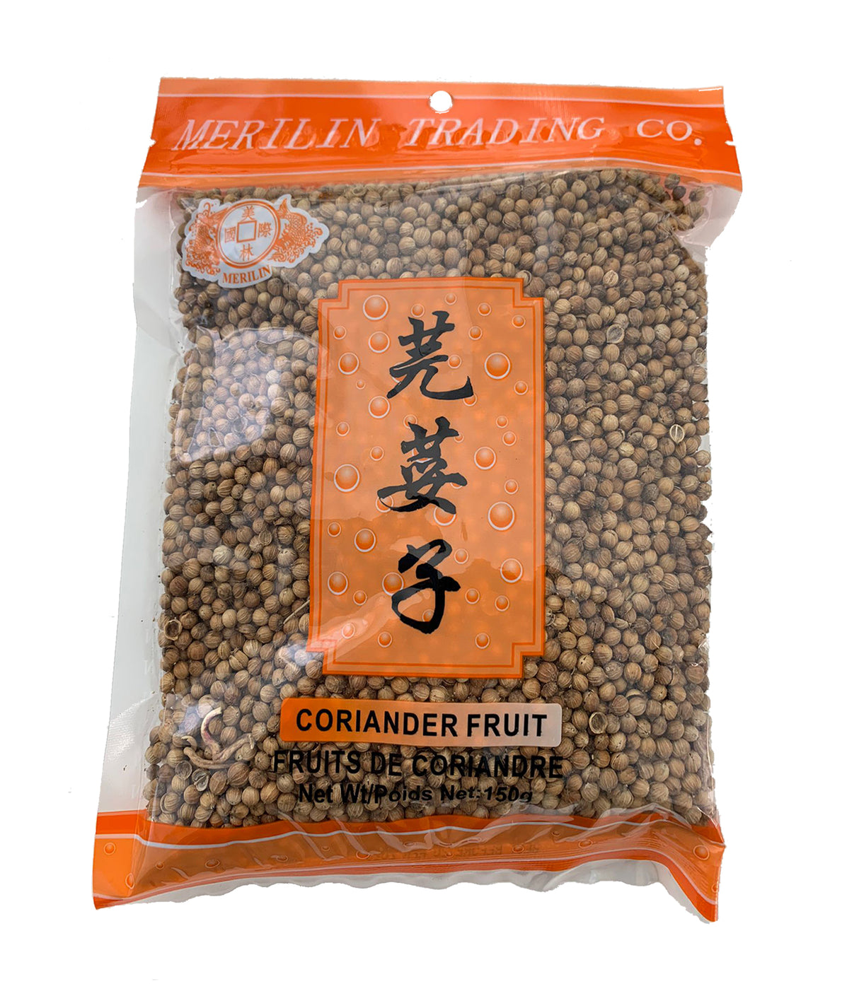 A package of Merilin Coriander Fruit, 150g, with product information in English and Chinese, displaying the coriander seeds visible through the clear plastic.