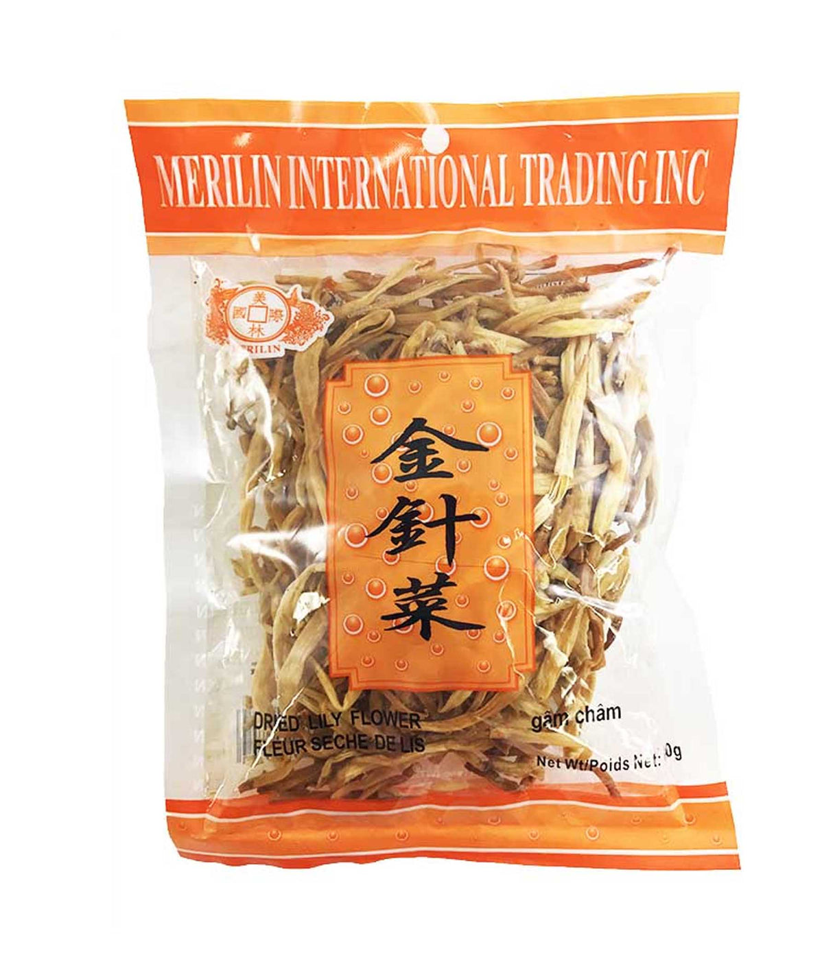 Packaged dried lily flower in a plastic bag with a label displaying the product name and weight.
