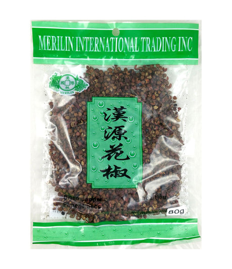Packaged dried pepper corns labeled Merilin International Trading Inc, with Chinese characters on the label.