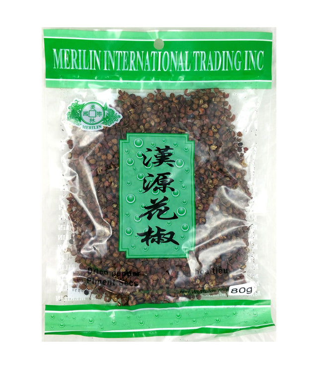Packaged dried pepper corns labeled Merilin International Trading Inc, with Chinese characters on the label.