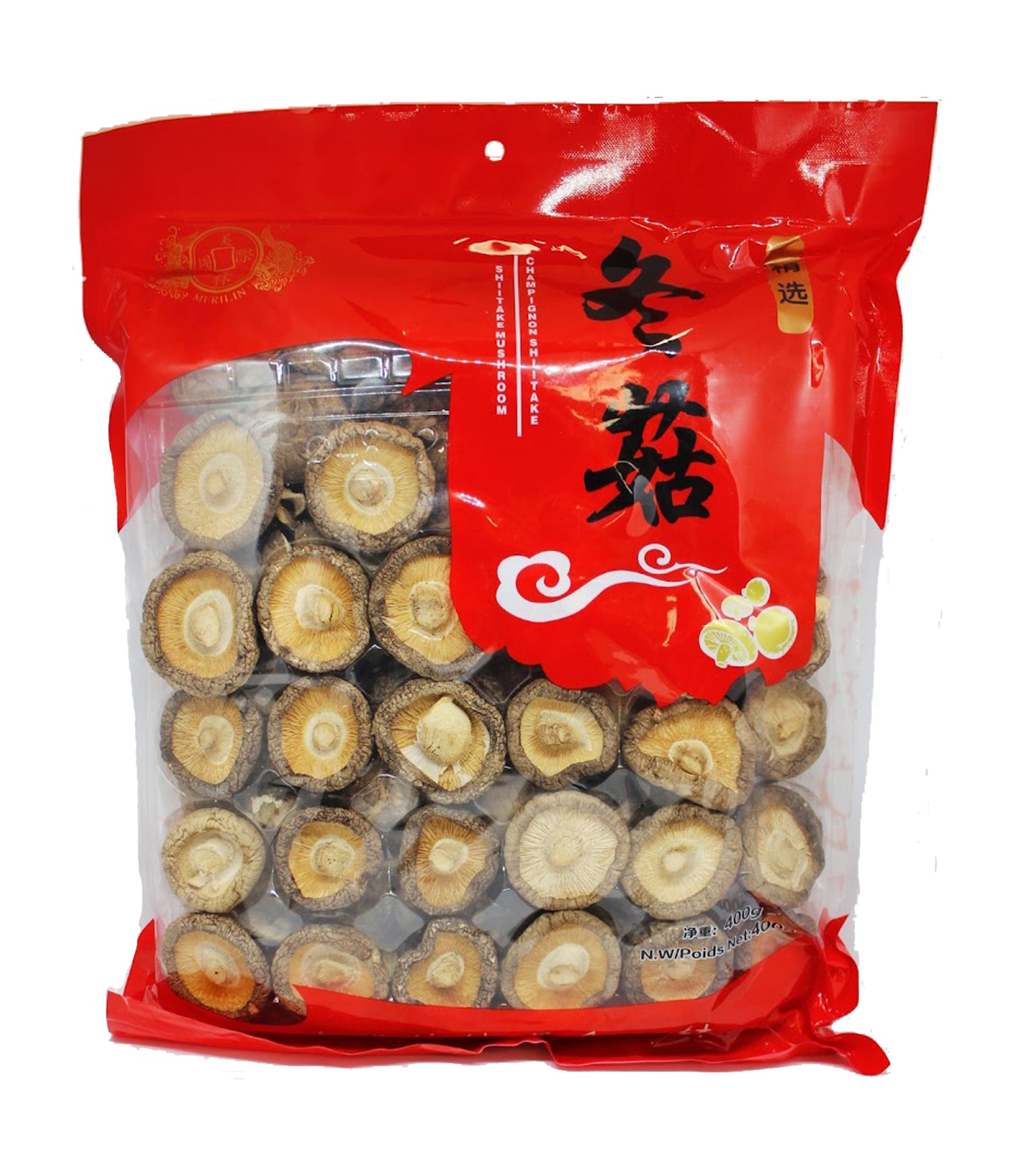 Packaged dried shiitake mushrooms in a clear plastic bag with red and white label, indicating the product is from China and vegan.