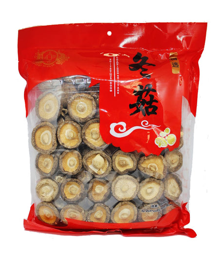 Packaged dried shiitake mushrooms in a clear plastic bag with red and white label, indicating the product is from China and vegan.