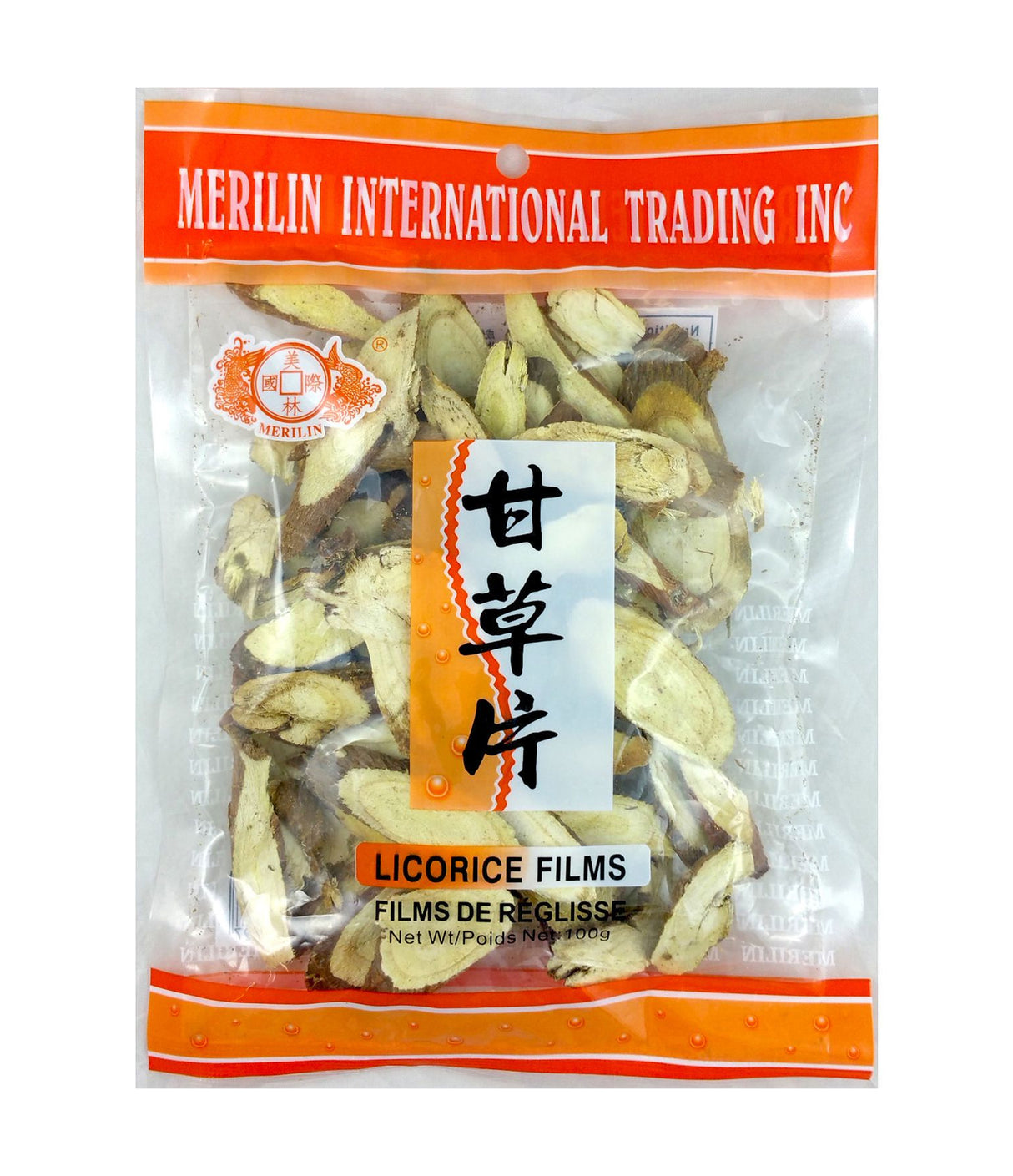 Packaged licorice films in a clear plastic bag with a red and yellow label, product of China.