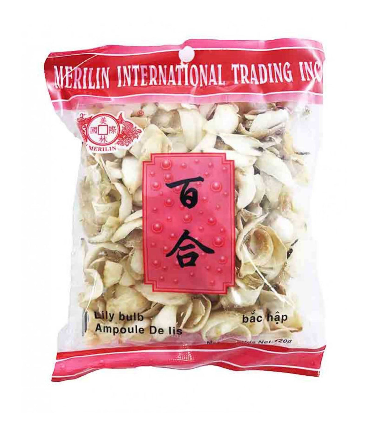 Packaged lily bulb-shaped dried food product in a clear plastic bag with red and white label, indicating it is a product of China, used for soup.