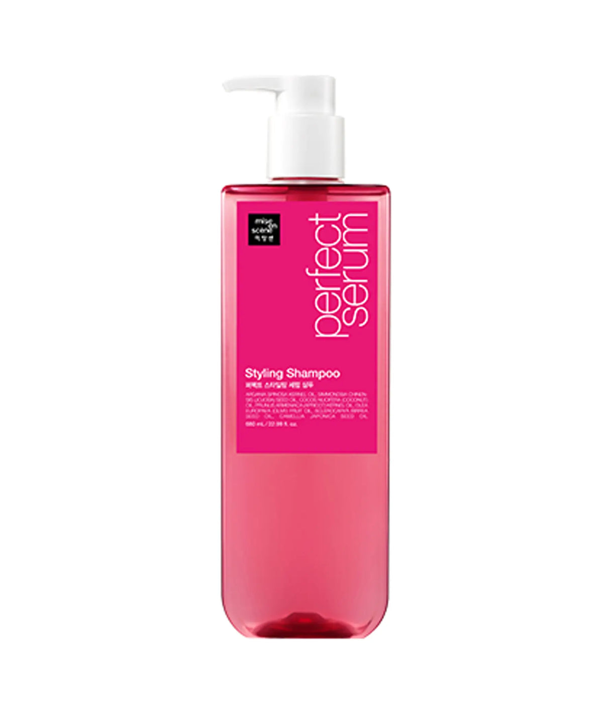 Pink shampoo bottle with pump labeled 'Perfect Serum' on a white background