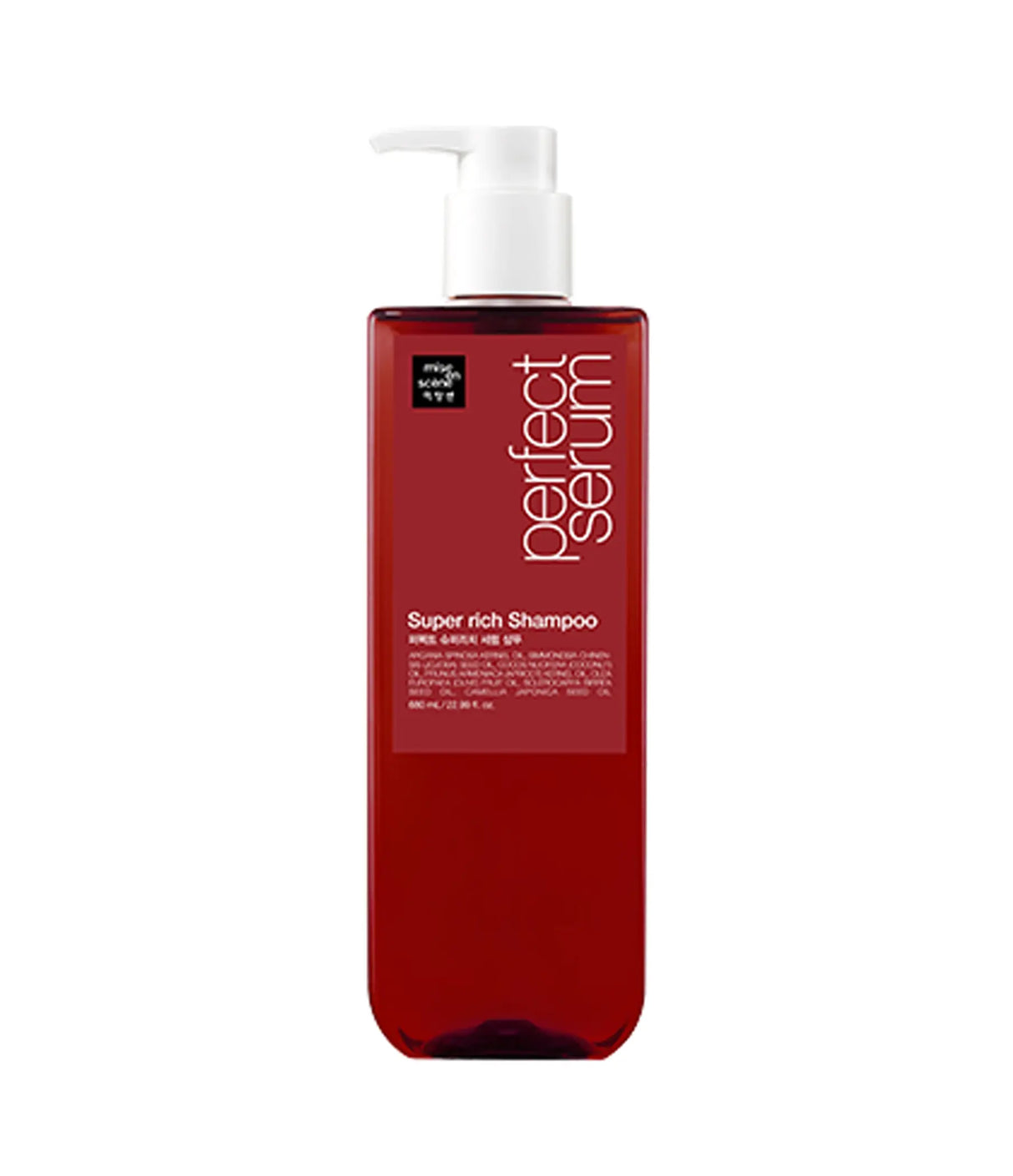 Red shampoo bottle with pump labeled 'Perfect Serum' on a white background