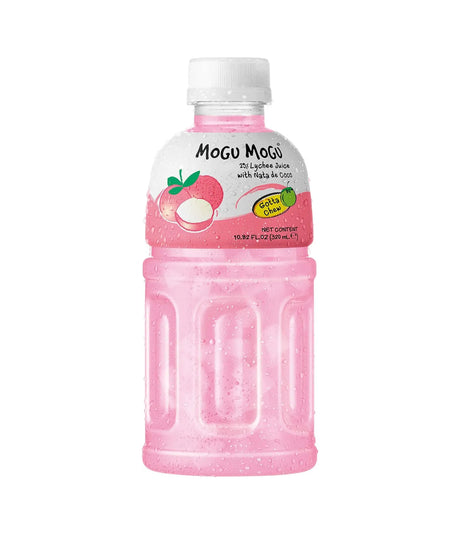 A bottle of Mogu Mogu Lychee Flavored Drink with Nata de Coco, 320ml, with pink liquid visible inside. The label shows lychee fruit images and text.