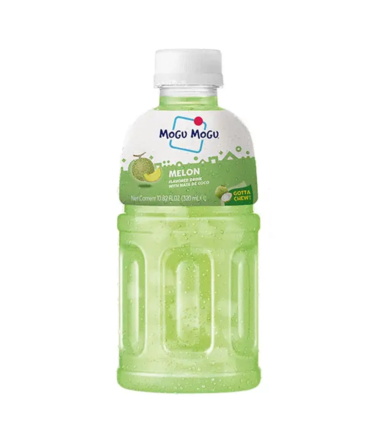Mogu Mogu melon-flavored drink bottle on a white background