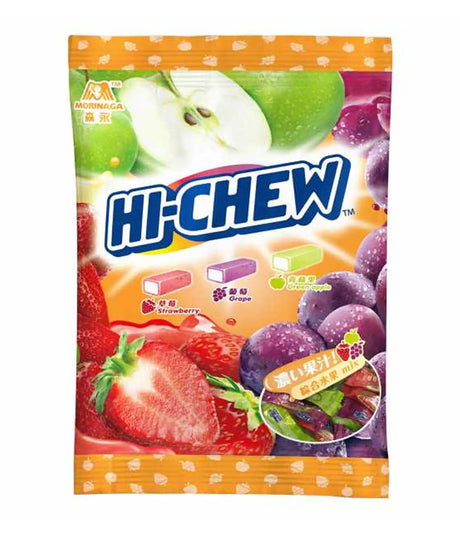 A package of Morinaga Hi-Chew candy featuring images of strawberries, grapes, and green apples, indicating the flavors of the candy.