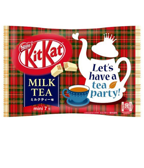 A package of Nestle Kit Kat Chocolate in Milk Tea flavor, with a graphic of a teapot and cups, against a plaid background.