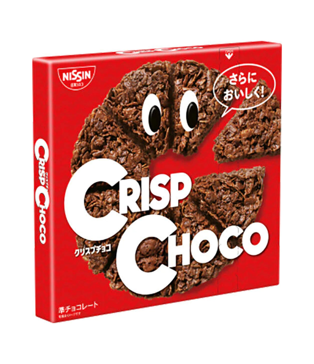 A box of Nissin Crisp Choco biscuits, with visible chocolate-coated biscuits on the front, predominantly red background.
