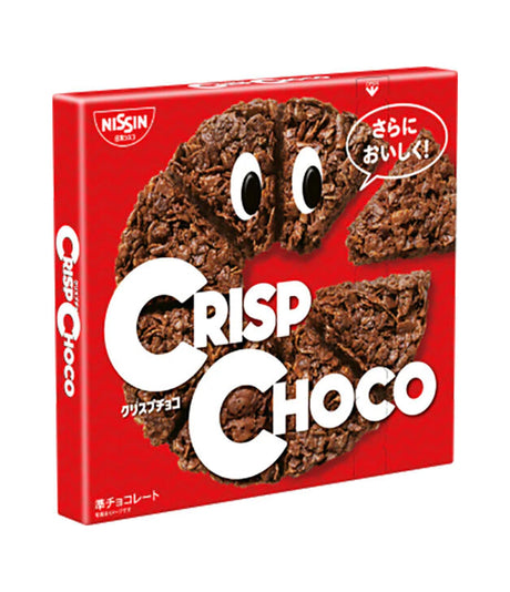 A box of Nissin Crisp Choco biscuits, with visible chocolate-coated biscuits on the front, predominantly red background.