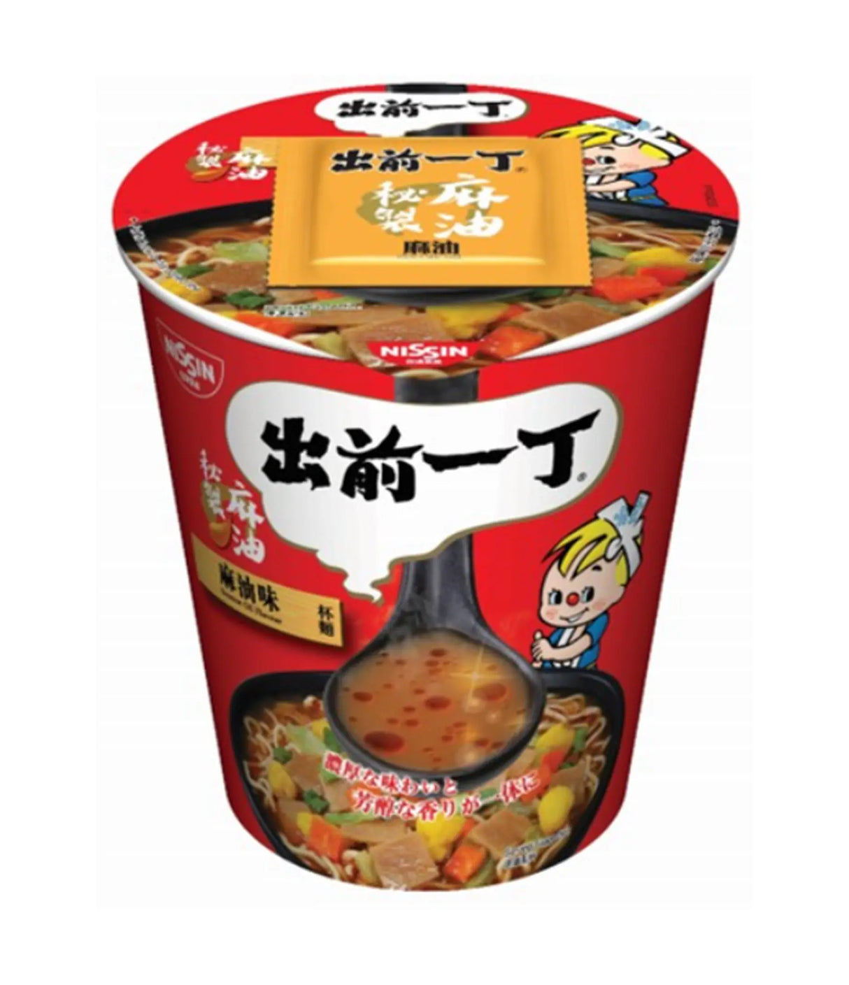 Cup of Nissin Demae Iccho Sesame Oil Flavour Instant Noodles showing the noodles and soup base packaging with illustrations and text.