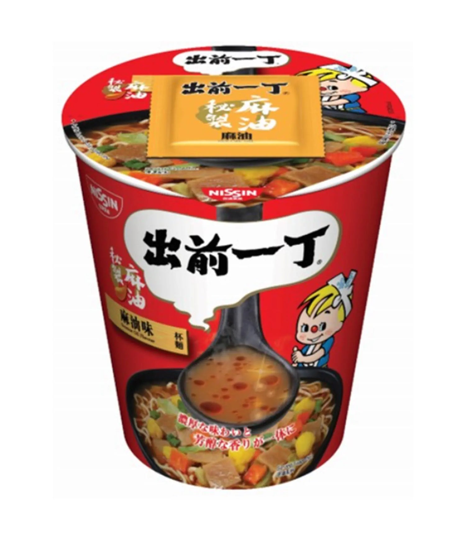 Cup of Nissin Demae Iccho Sesame Oil Flavour Instant Noodles showing the noodles and soup base packaging with illustrations and text.