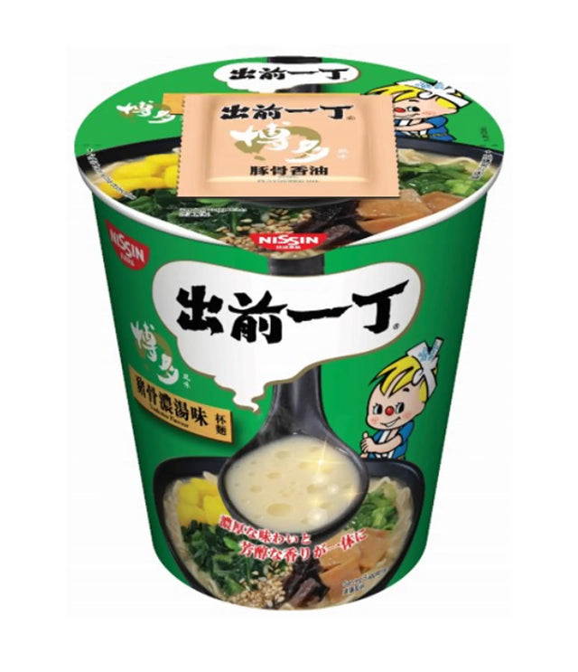 Packaging of Nissin Demae Iccho Tonkotsu Flavour Instant Noodles showing the product name, image of the prepared noodles, and cartoon characters.