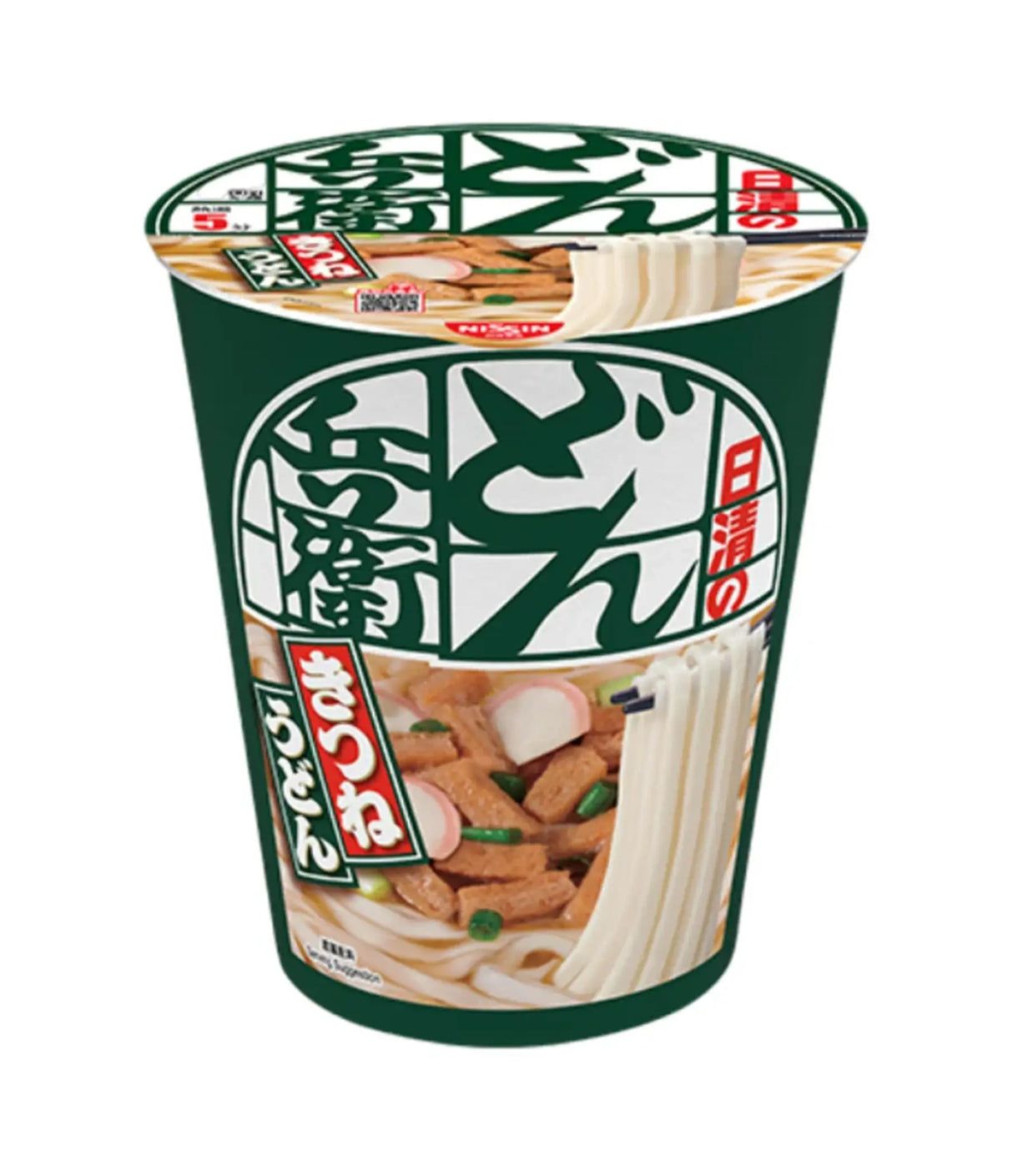 A cup of Japanese instant ramen noodles with a dark green and white label featuring bold Japanese text and a photo of the noodle soup with fish cakes and green onions.