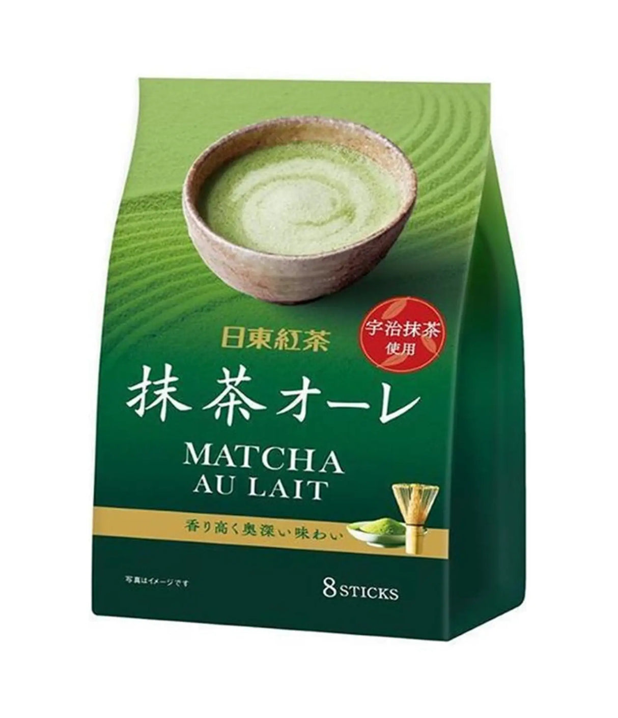 Packaging of Nittoh Matcha au Lait, showing a bowl of matcha tea and the text indicating it is a product of Japan, contains 8 sticks.
