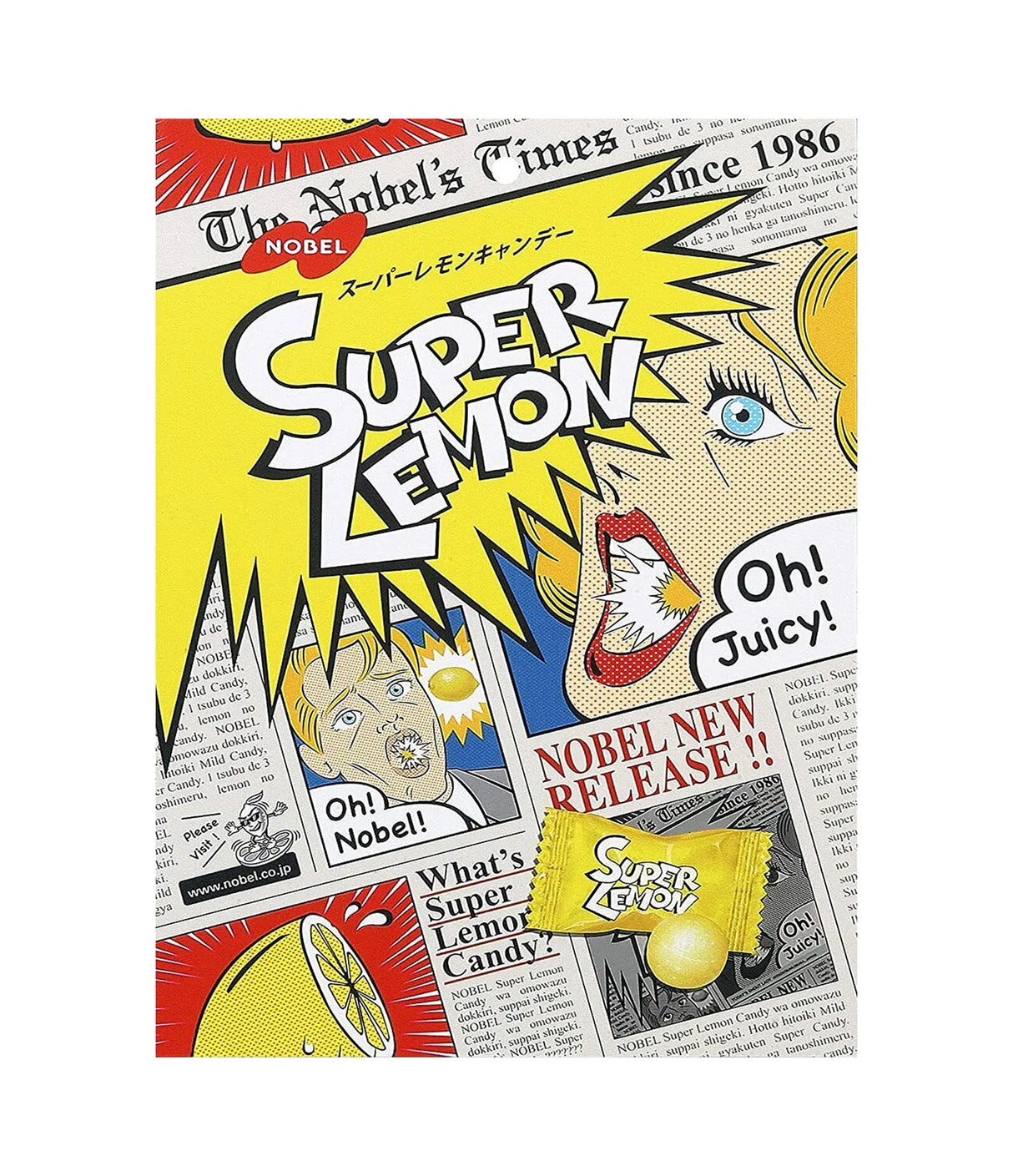 Packaging of Nobel Super Lemon Candy featuring a colorful design with lemon illustrations and text indicating it is a sour candy.