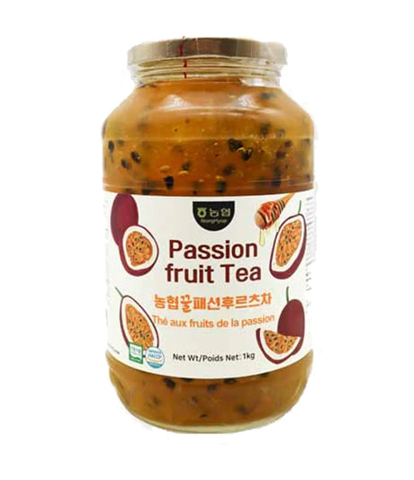 Jar of passion fruit tea with a white label on a white background