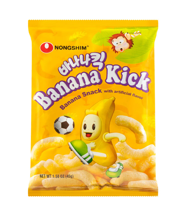 A package of Nongshim Banana Kick snack featuring an illustration of a banana character and soccer ball on a yellow background.