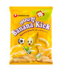 A package of Nongshim Banana Kick snack featuring an illustration of a banana character and soccer ball on a yellow background.