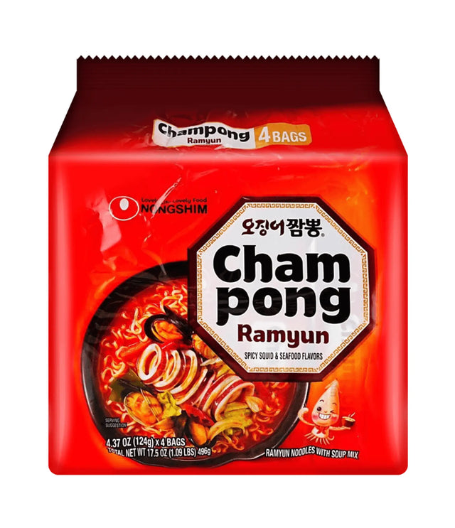 Packaging of Champong Ramyun with a red background