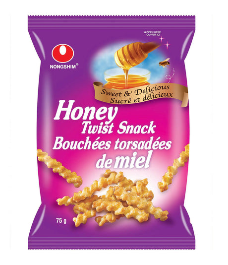 Packaging for Nongshim Honey Twist Snack showing the snack's name and honey imagery, predominantly purple and gold colors.