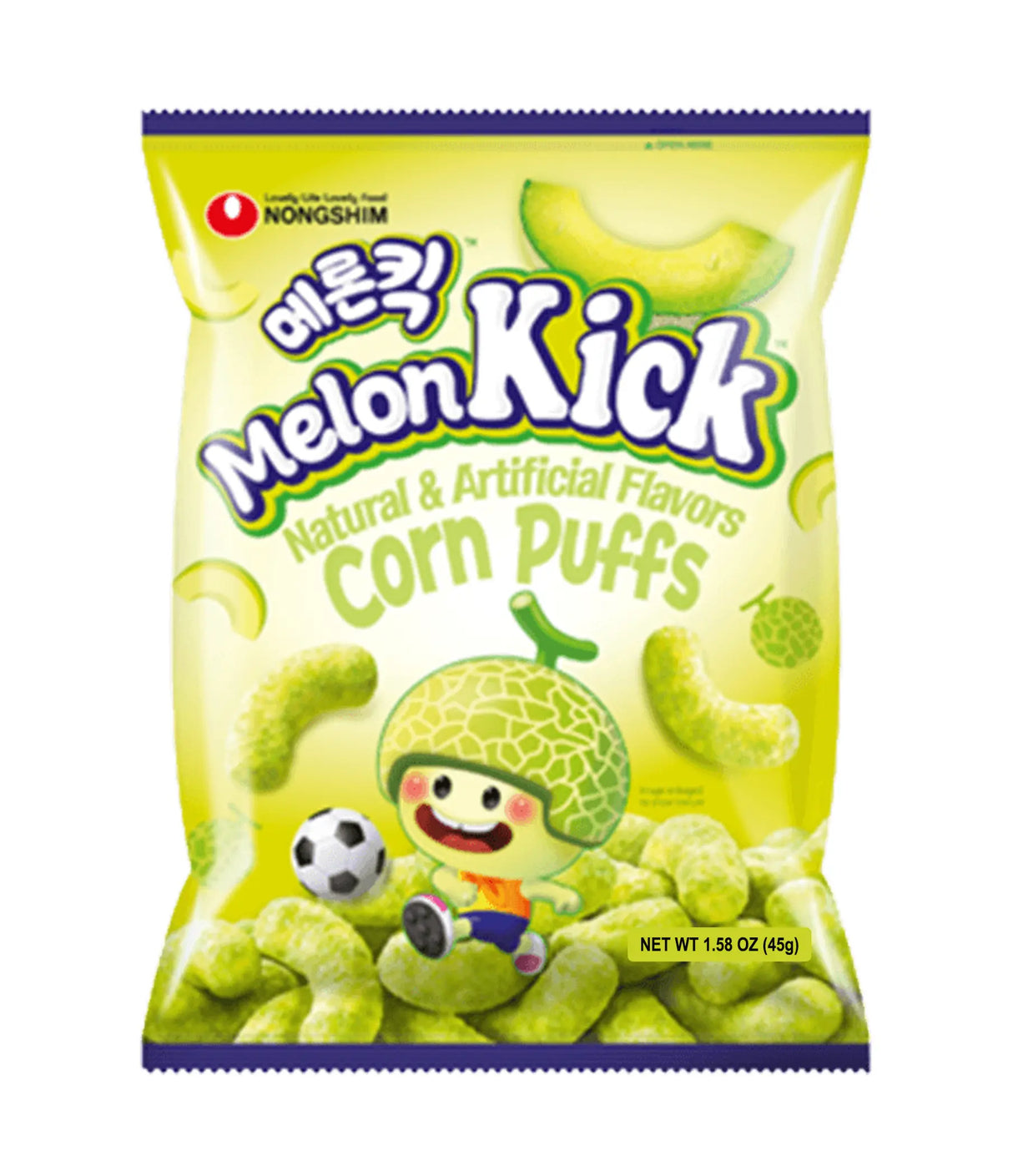Packaging of Melon Kick Corn Puffs with a cartoon character on a white background