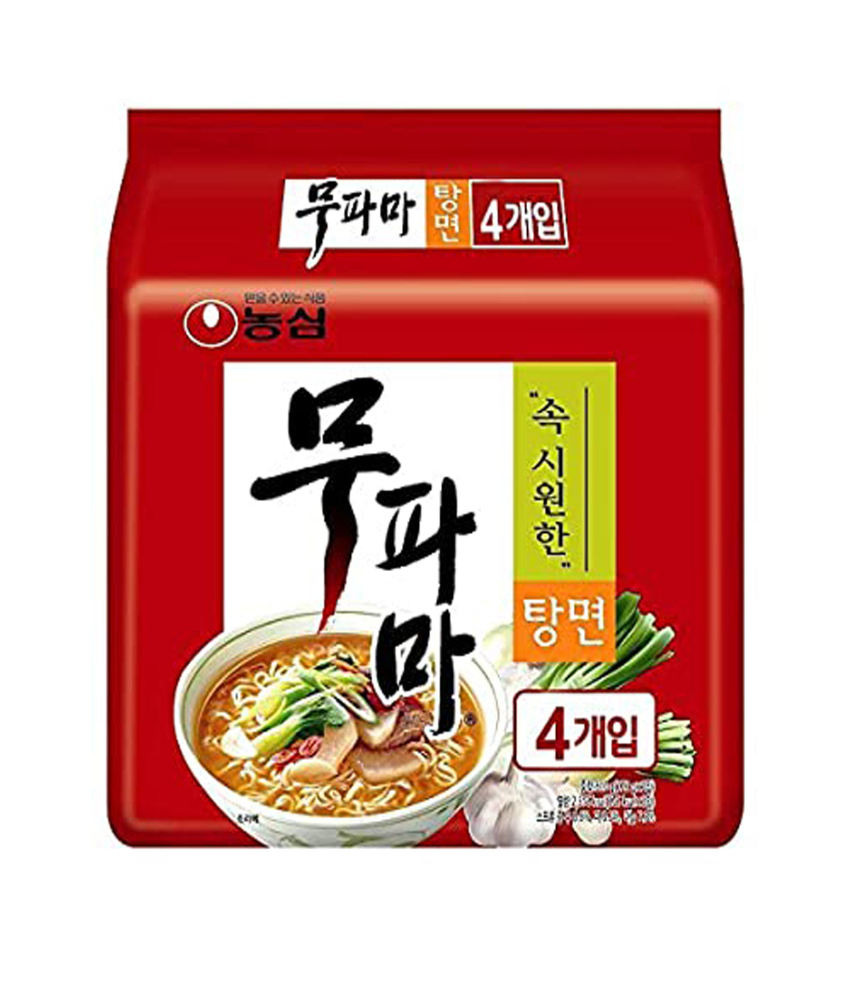 Packaging for Nongshim MuPaMa TangMyun Noodle Soup showing a bowl of noodles and the text indicating it is a product of Korea, containing 4 packages, and weighing 122g.