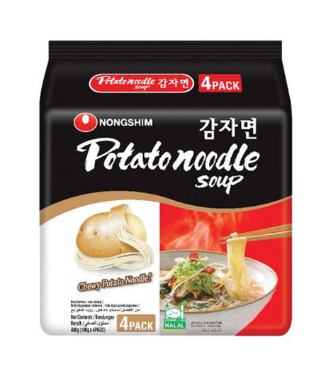 Packaging for Nongshim Potato Noodle Soup showing the product name, image of the noodles, and a bowl of soup.