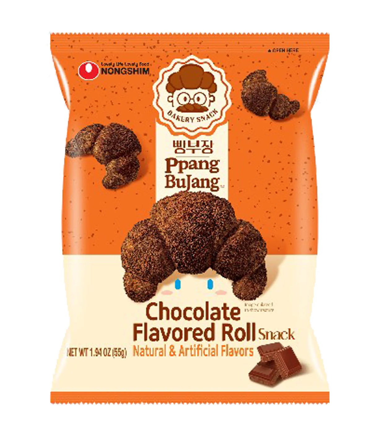 Packaging of Nongshim Pbang Bulang Chocolate Flavored Roll Snack on a white background