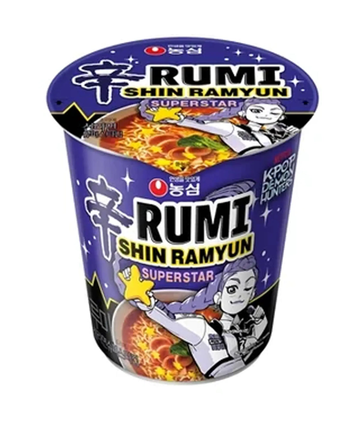 Cup of Rumi Shin Ramyun with colorful packaging and character illustrations on a white background