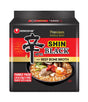 Packaging for Nongshim Shin Black Beef Bone Broth Ramen, showing the product name, image of the noodles with beef, and family pack indication.