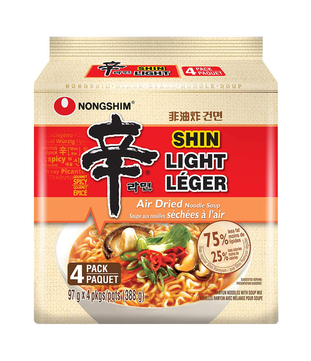 Packaging for Nongshim Shin Light Air Dried Noodle Soup showing the product name, image of the noodles, and that it contains 4 packs.