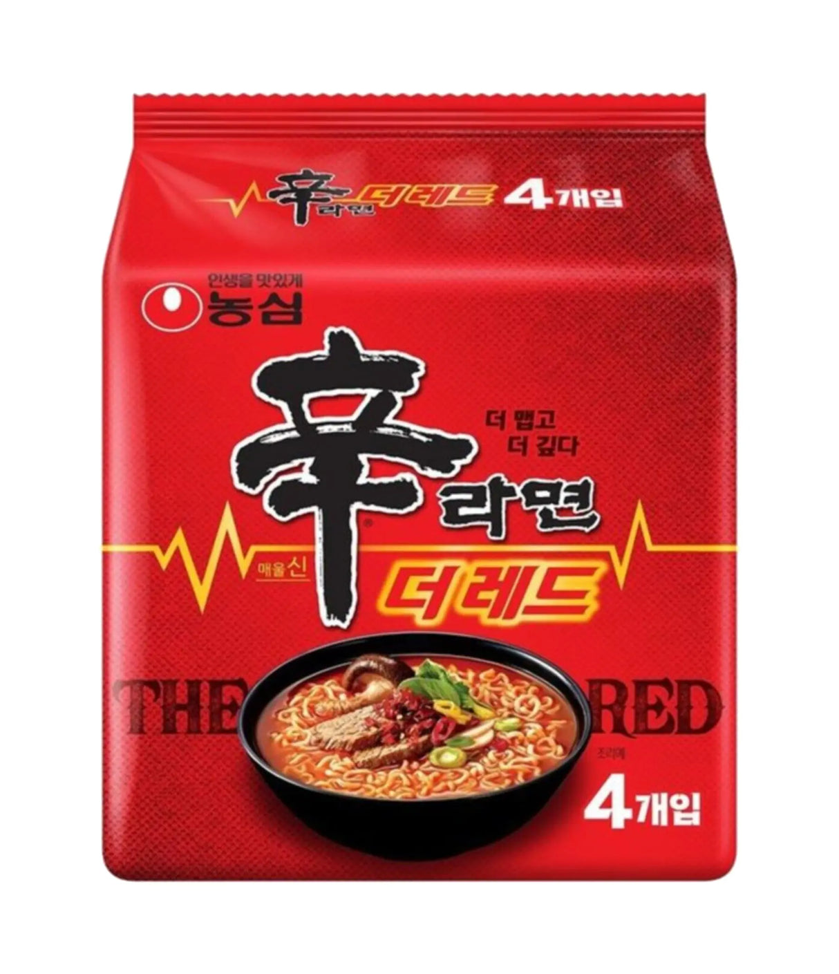 Packaging for Nongshim Shin Ramyun Red Fiery Spicy Beef instant noodles, showing a bowl of spicy noodles and the text indicating it is a product of Korea.