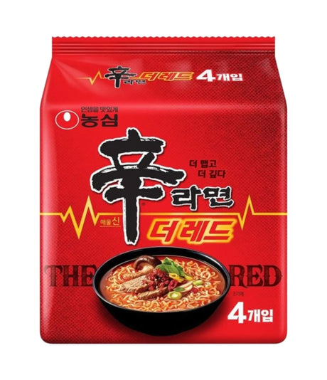 Packaging for Nongshim Shin Ramyun Red Fiery Spicy Beef instant noodles, showing a bowl of spicy noodles and the text indicating it is a product of Korea.