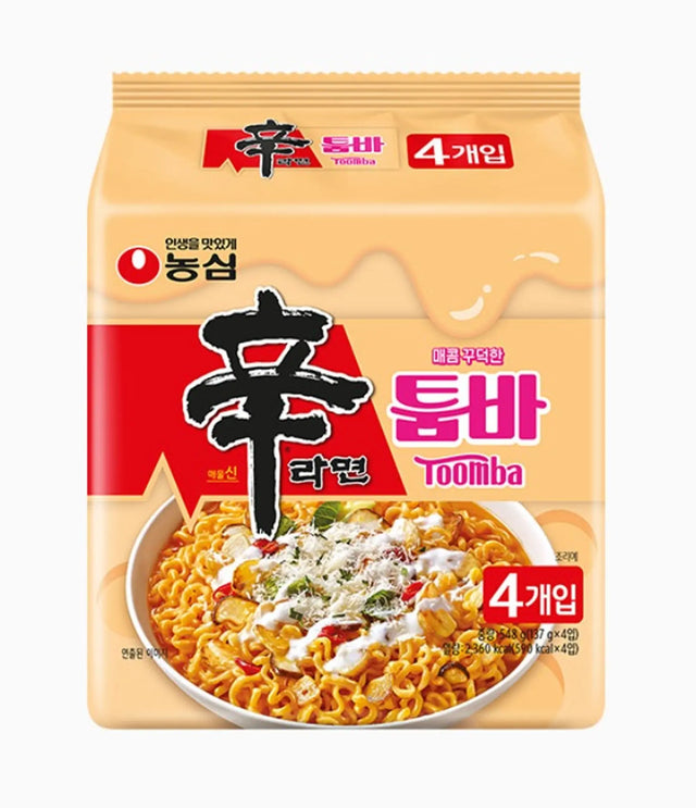 Packaging of Nongshim Shin Ramyun Stir Fry Toomba showing a bowl of noodles with vegetables and a side of gochujang sauce.