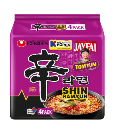 Packaging of Jayfai Shin Ramyun with Nongshim logo on a purple background