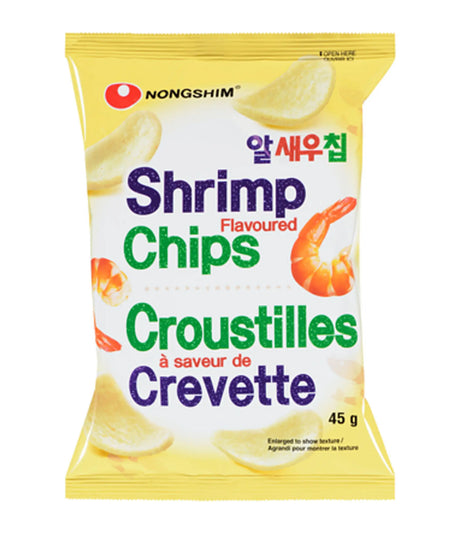 A package of Nongshim Shrimp Flavoured Chips, 45g, with images of the chips and shrimp on the front.