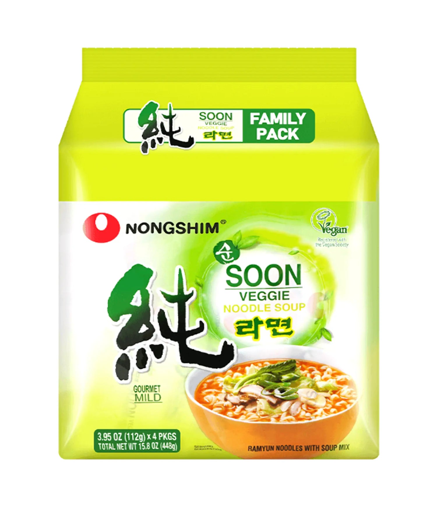 Packaging for Nongshim Soon Veggie Noodle Soup, displaying the product name, image of the noodles with vegetables, and the family pack size.