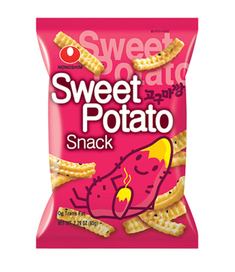 A package of Nongshim Sweet Potato Snack featuring an illustration of a smiling sweet potato character, with the product visible through a clear window.