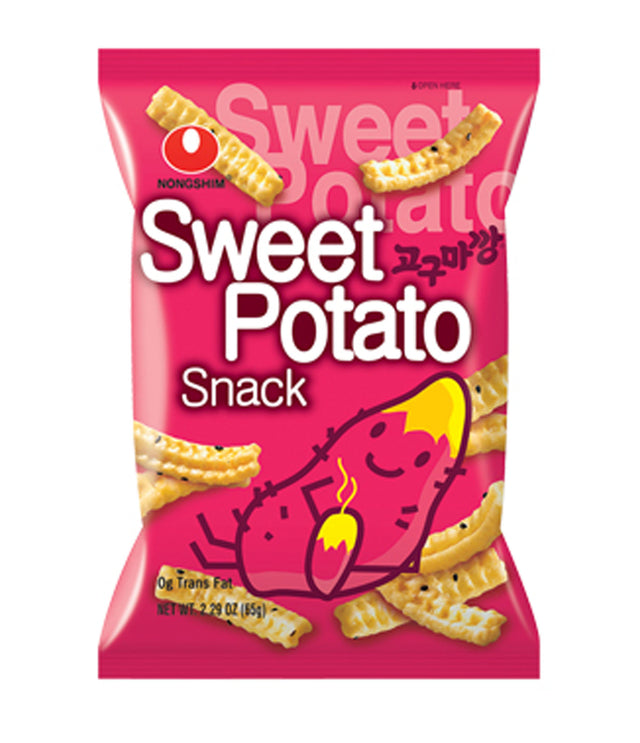 A package of Nongshim Sweet Potato Snack featuring an illustration of a smiling sweet potato character, with the product visible through a clear window.