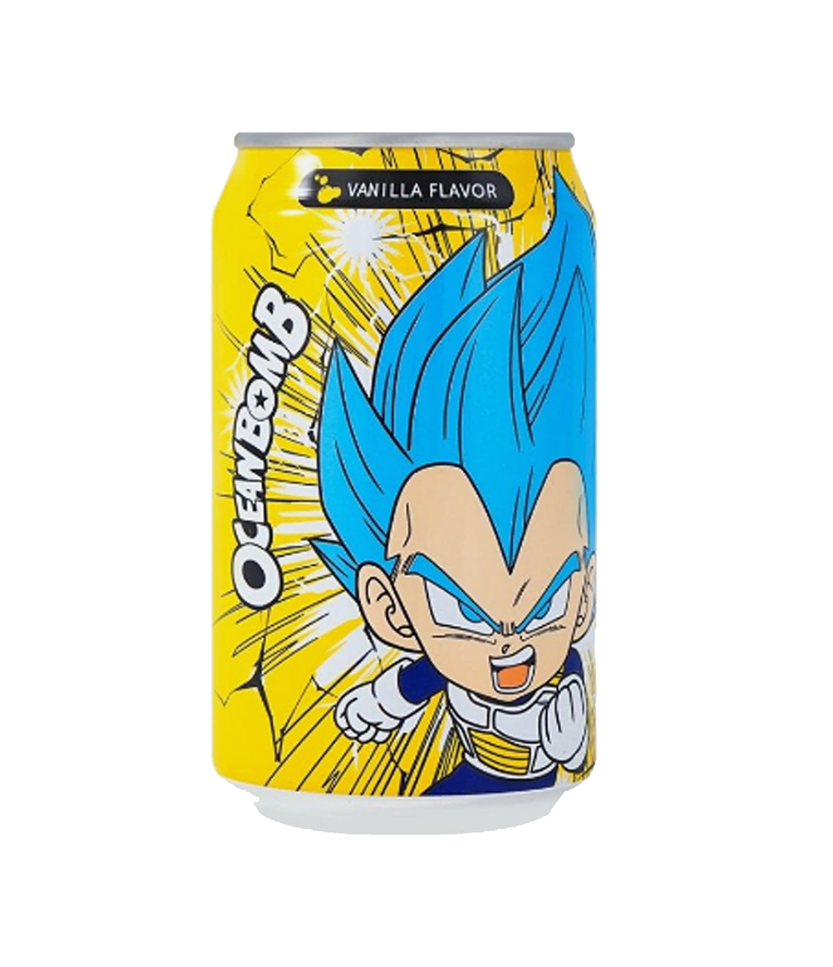 A can of Ocean Bomb sparkling water with Vegeta from Dragon Ball Z on the label.