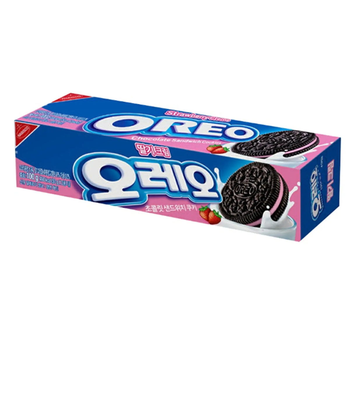 Oreo cookie packaging with pink and blue design on a white background