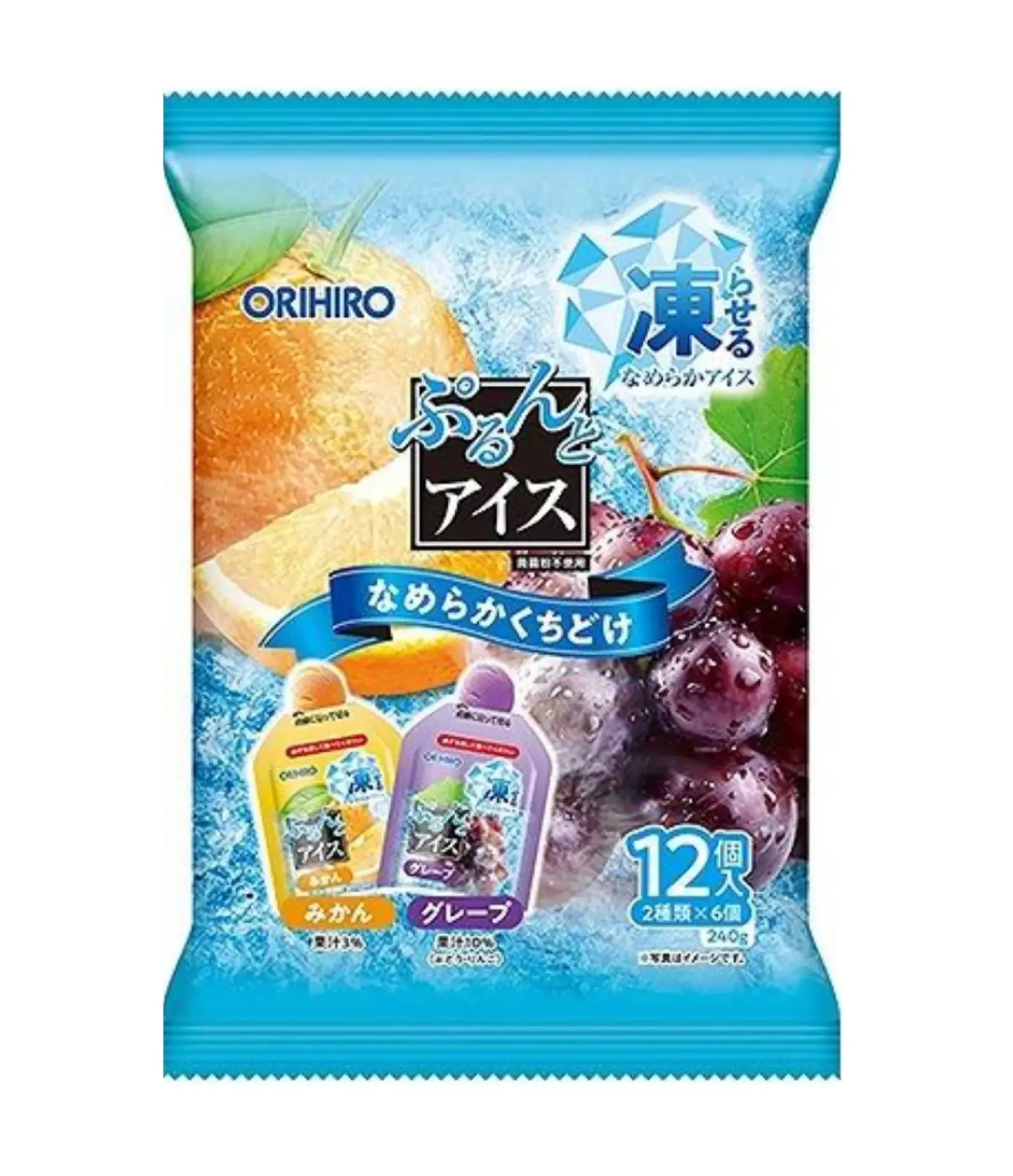 Orihiro fruit ice pack with orange and grape flavors on a blue background