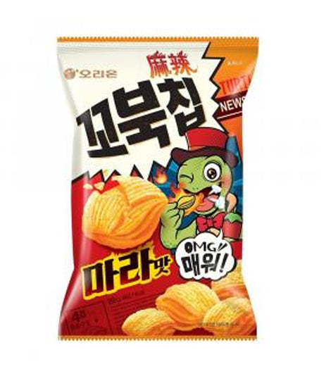 A package of Orion - Kkobuk Turtle Chips (Mala Flavour) featuring an illustration of a turtle and chips, with Korean text and a cartoonish design.
