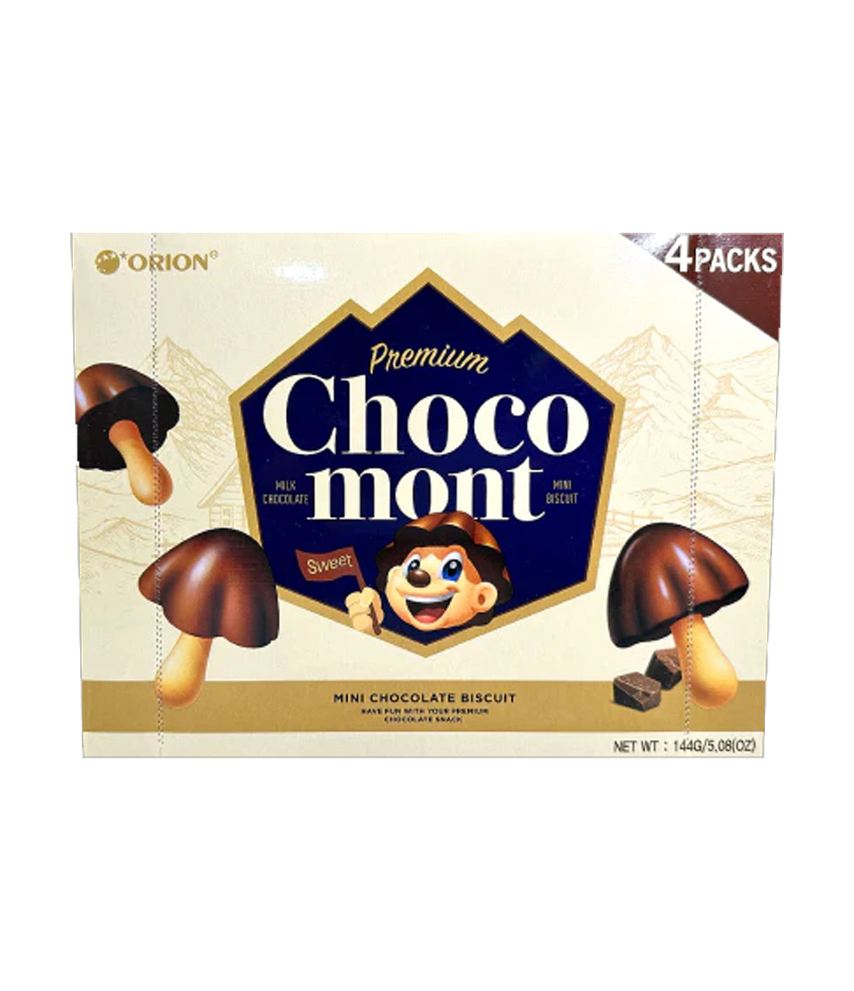 Packaging of Orion Premium Choco Mont, showing the product name, image of the chocolate biscuit, and the number of packs, with a 'KOREA' flag indicating its origin.