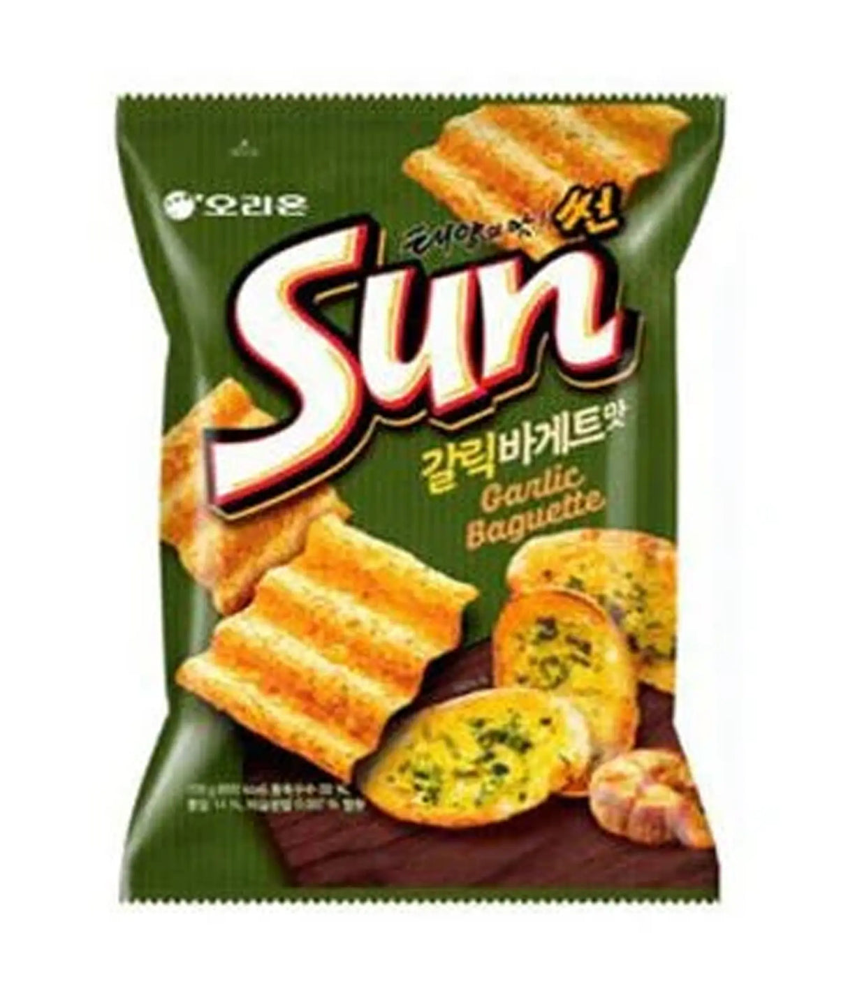 A package of Orion Sun Chips, Garlic Baguette flavor, displaying the chips and the text 'Garlic Baguette' prominently.