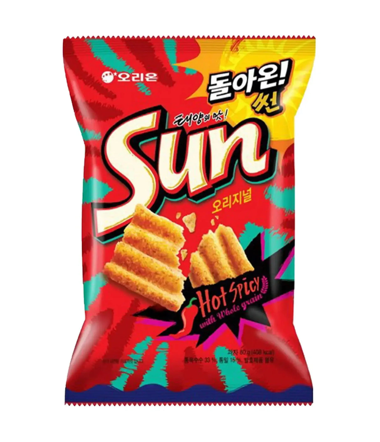 A package of Orion Sun Chips in Hot & Spicy flavor, predominantly red and yellow in color with Korean text and an image of the chips.